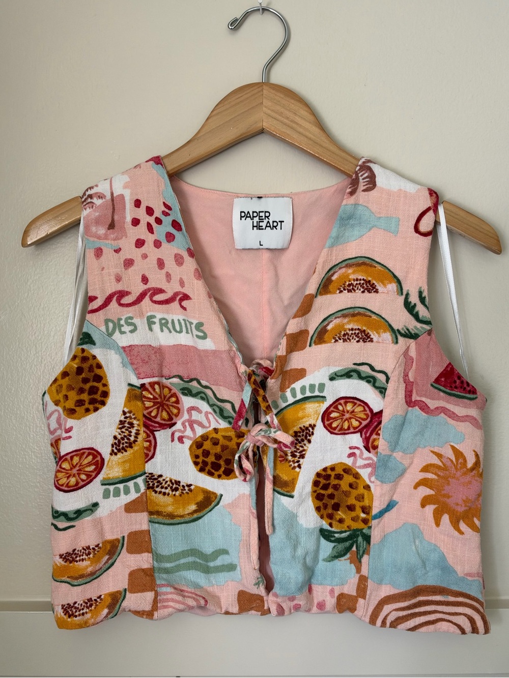Paper Heart Summer Haze Fruit Patchwork Tie Vest Top Large Linen blend vacation